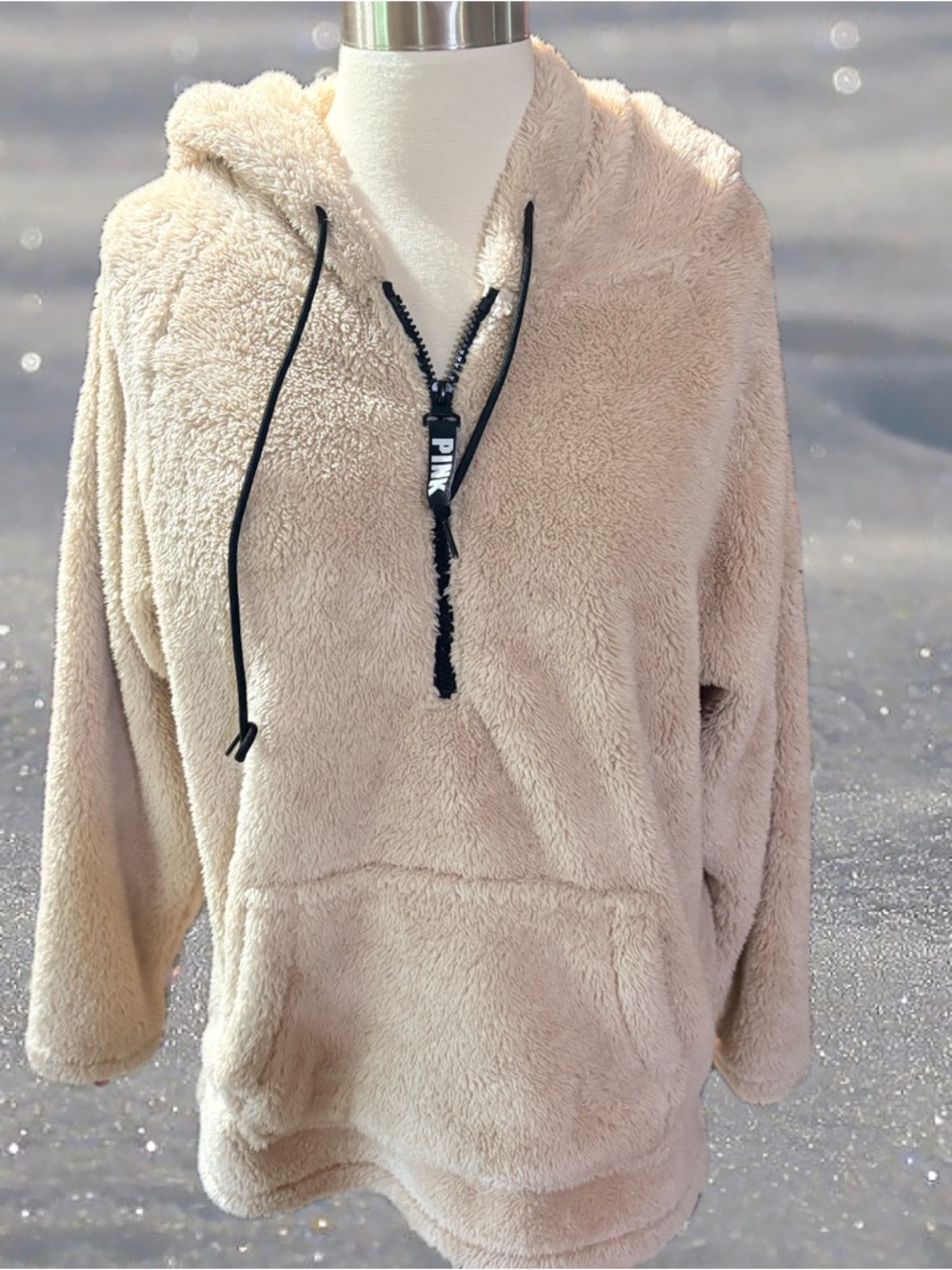 PINK Victoria's Secret Plush Hooded Pullover - Cream 3/4 zipper size M